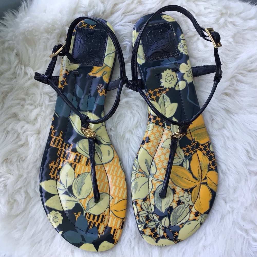 Tory Burch Signature Leather Printed Ankle Strap Thong Sandals Flats - Picture 5 of 9